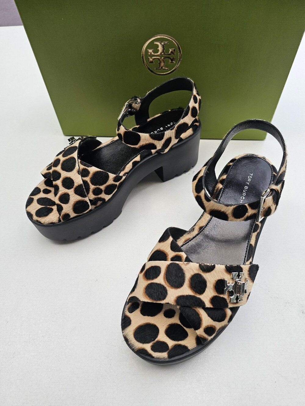 Tory Burch Turnlock Calf Hair Lug Heel Platform Sandals